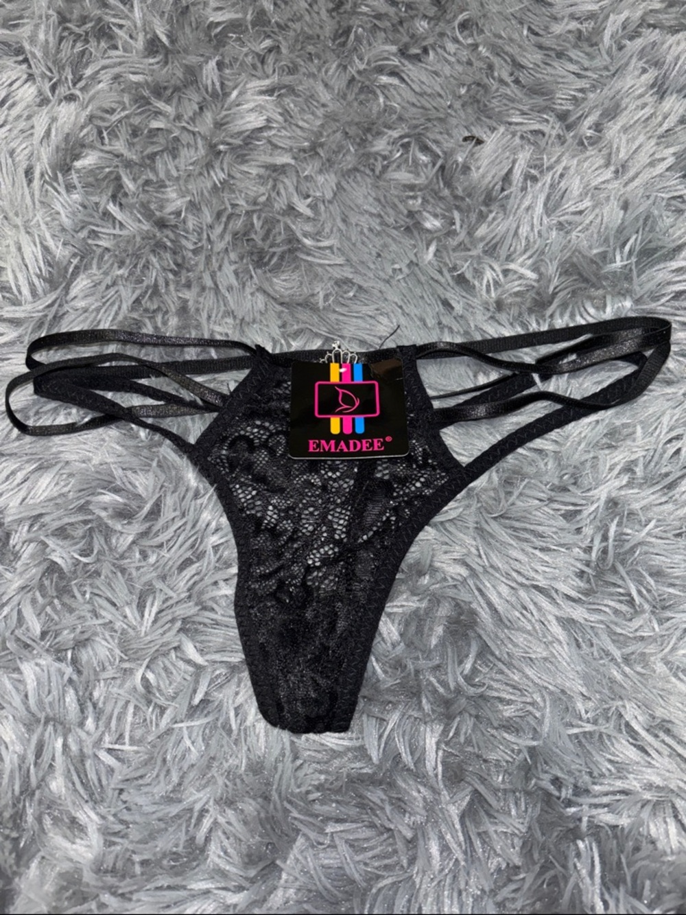 NWT Black Lace Strappy Thong with crown detail